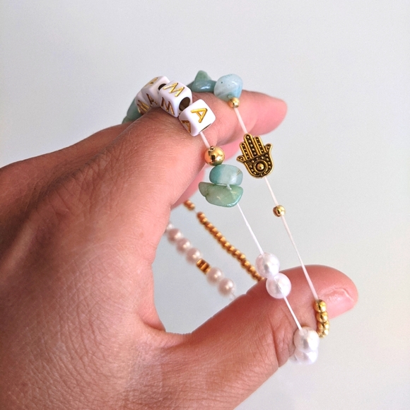 2 stone, gold plated beads, pearl & lettered bracelet stackable - Picture 11 of 11